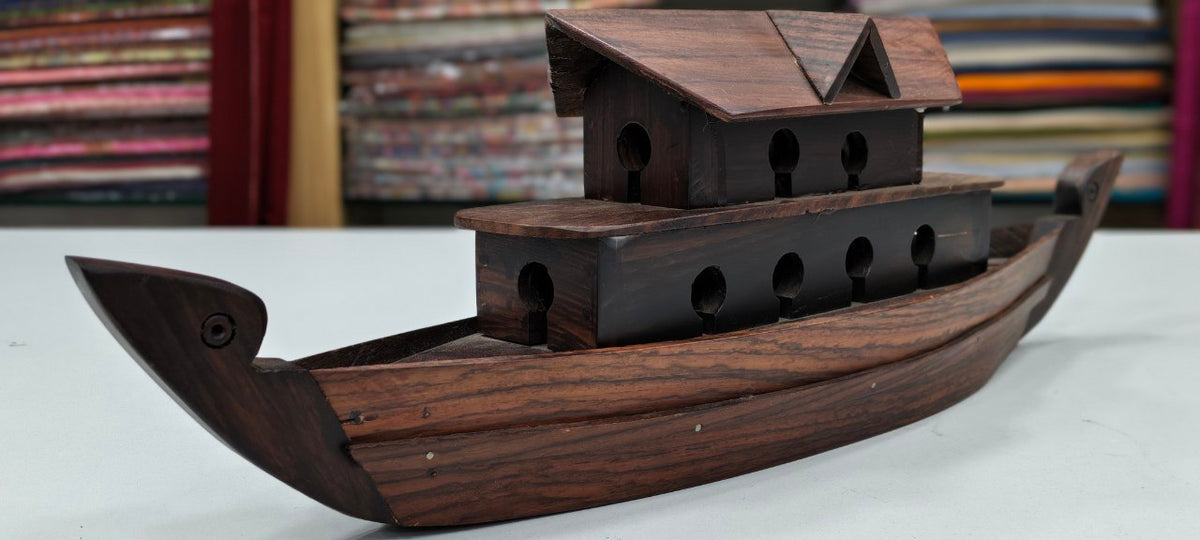 handcrafted miniature Kerala wooden houseboat showpiece made from polished Rose wood