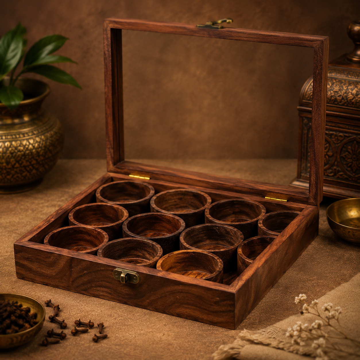 Square wooden spice box made from sheesham wood with a transparent glass lid and detachable round containers