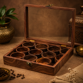 Square wooden spice box made from sheesham wood with a transparent glass lid and detachable round containers