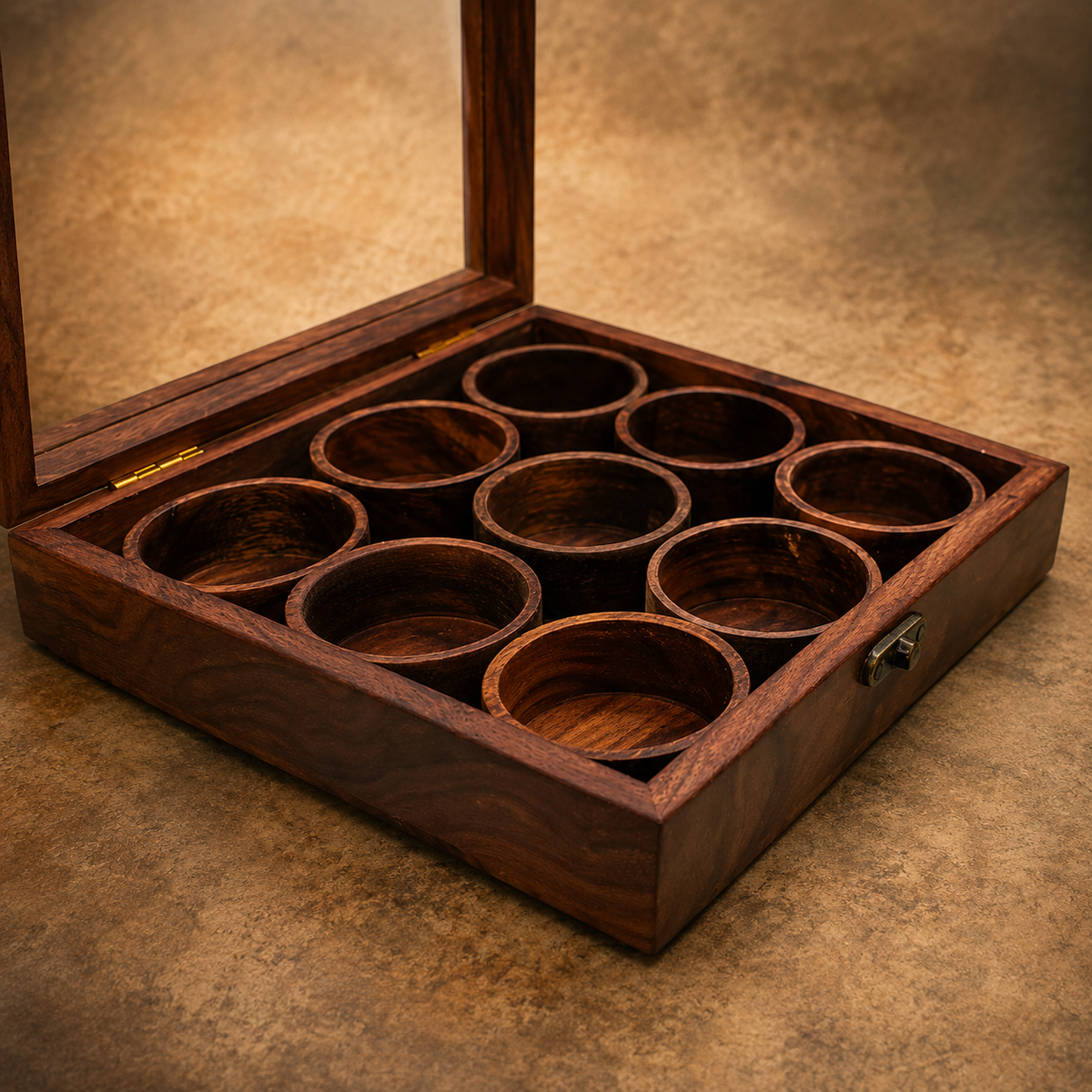 Square wooden spice box made from sheesham wood with a transparent glass lid and detachable round containers
