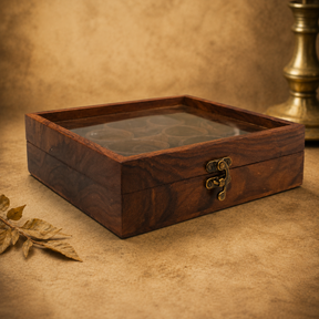 Square wooden spice box made from sheesham wood with a transparent glass lid and detachable round containers