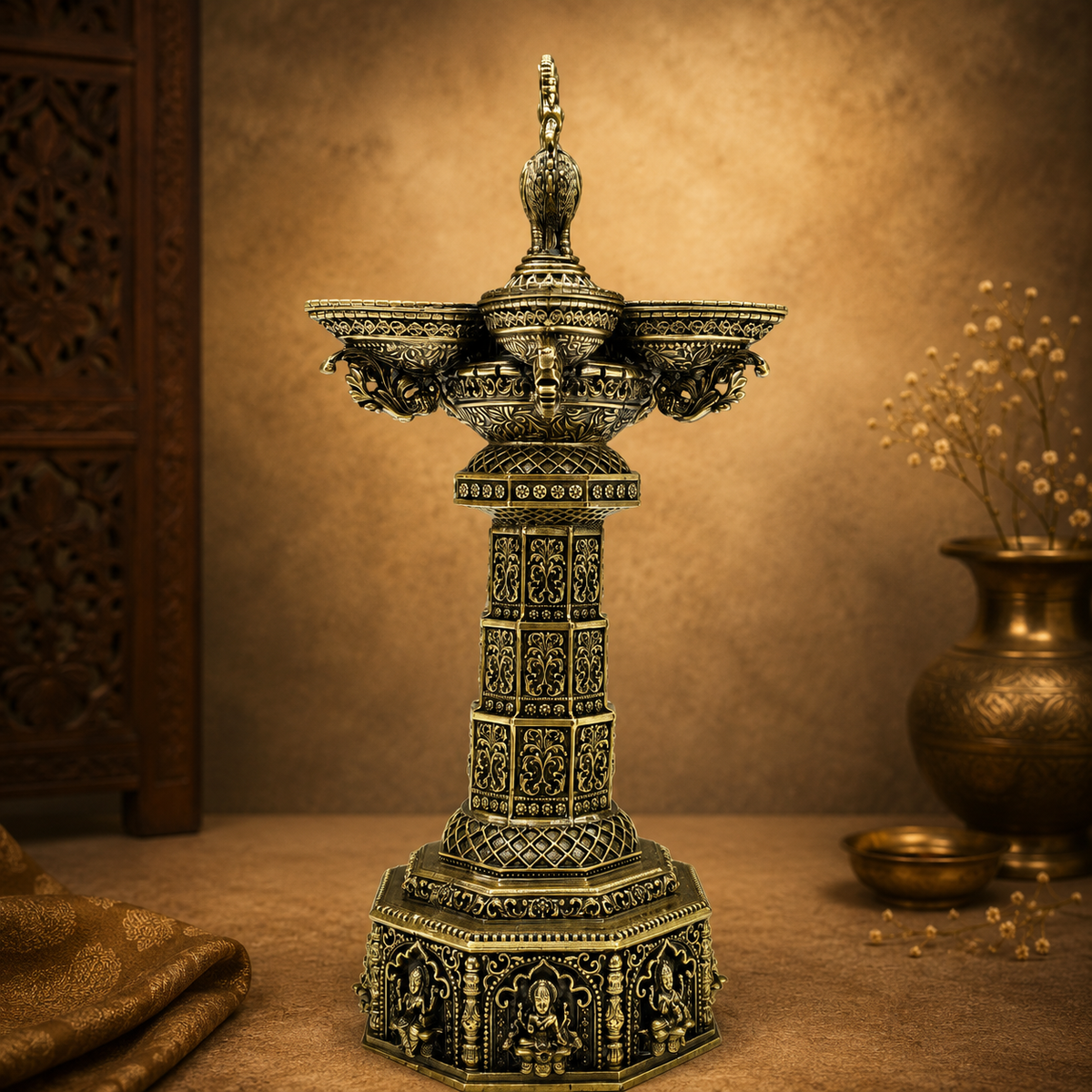 Ashtalakshmi Peacock Motif Brass Lamp