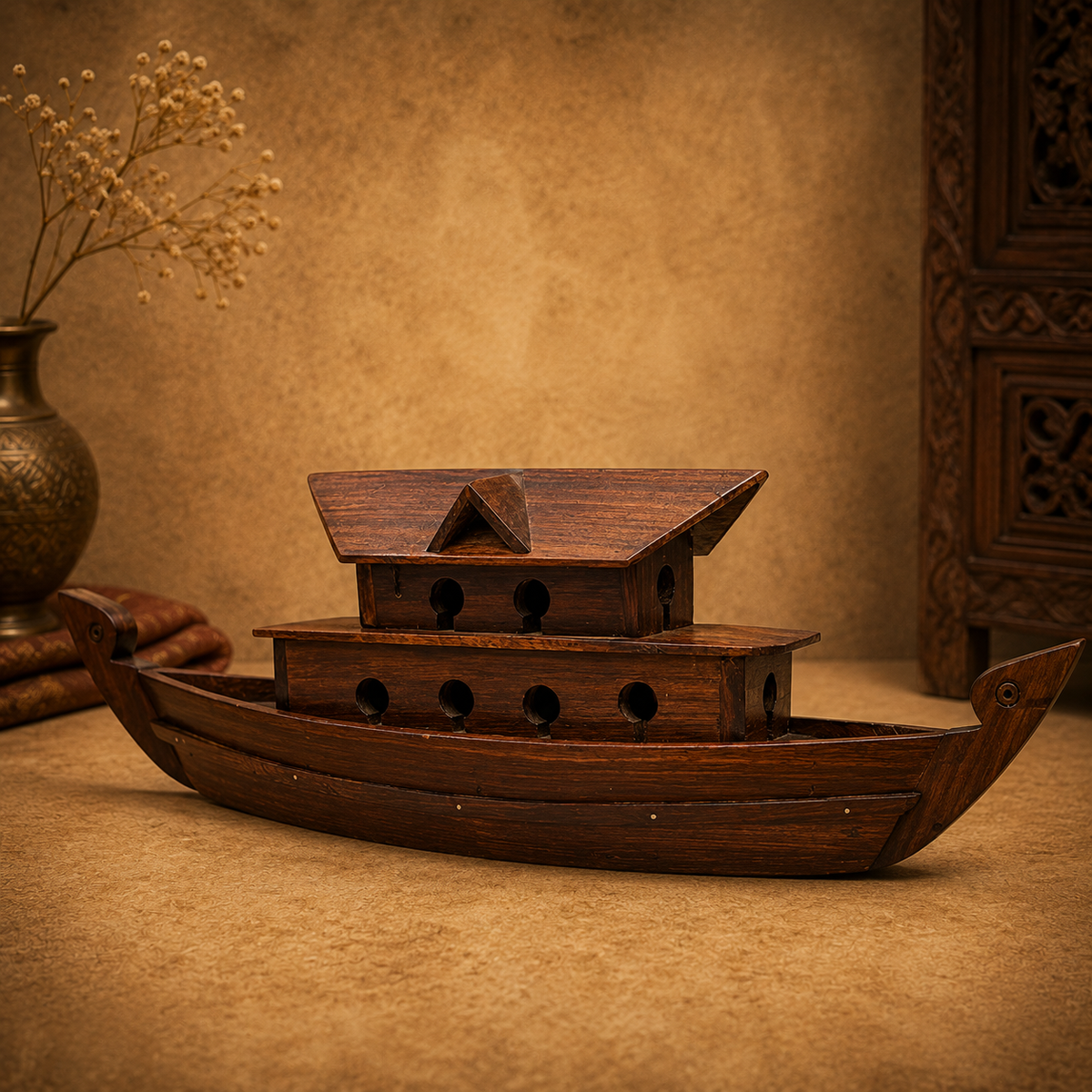 handcrafted miniature Kerala wooden houseboat showpiece made from polished Rose wood