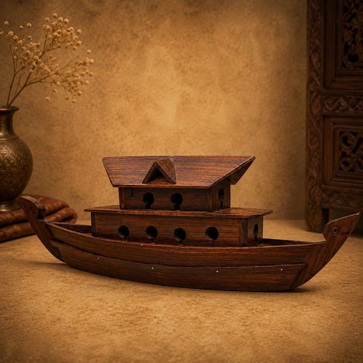 handcrafted miniature Kerala wooden houseboat showpiece made from polished Rose wood