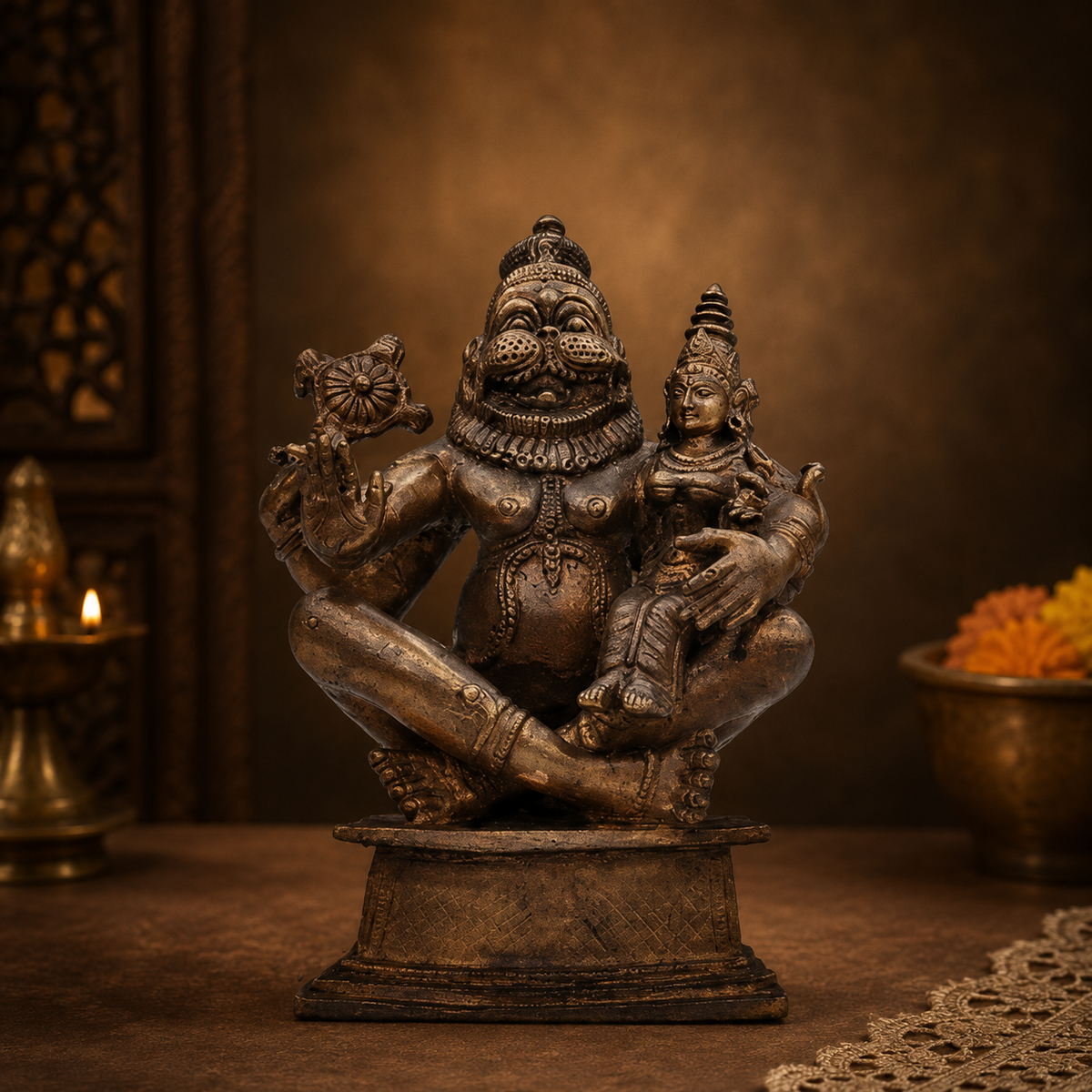 Lord Narasimha & Lakshmi Copper Statue