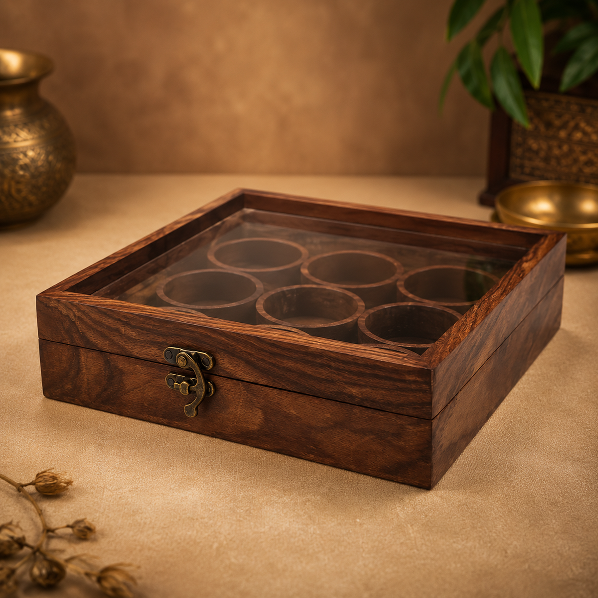 Square wooden spice box made from sheesham wood with a transparent glass lid and detachable round containers