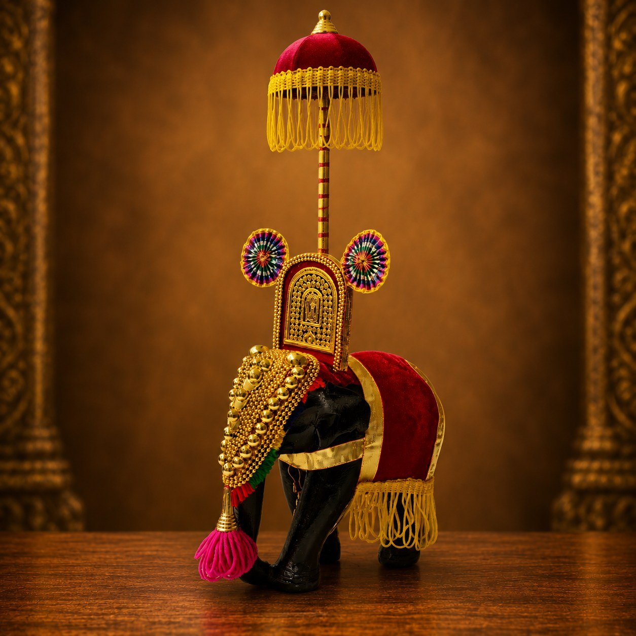 Decorative Wooden Kerala Temple Elephant with Traditional Nettipattam
