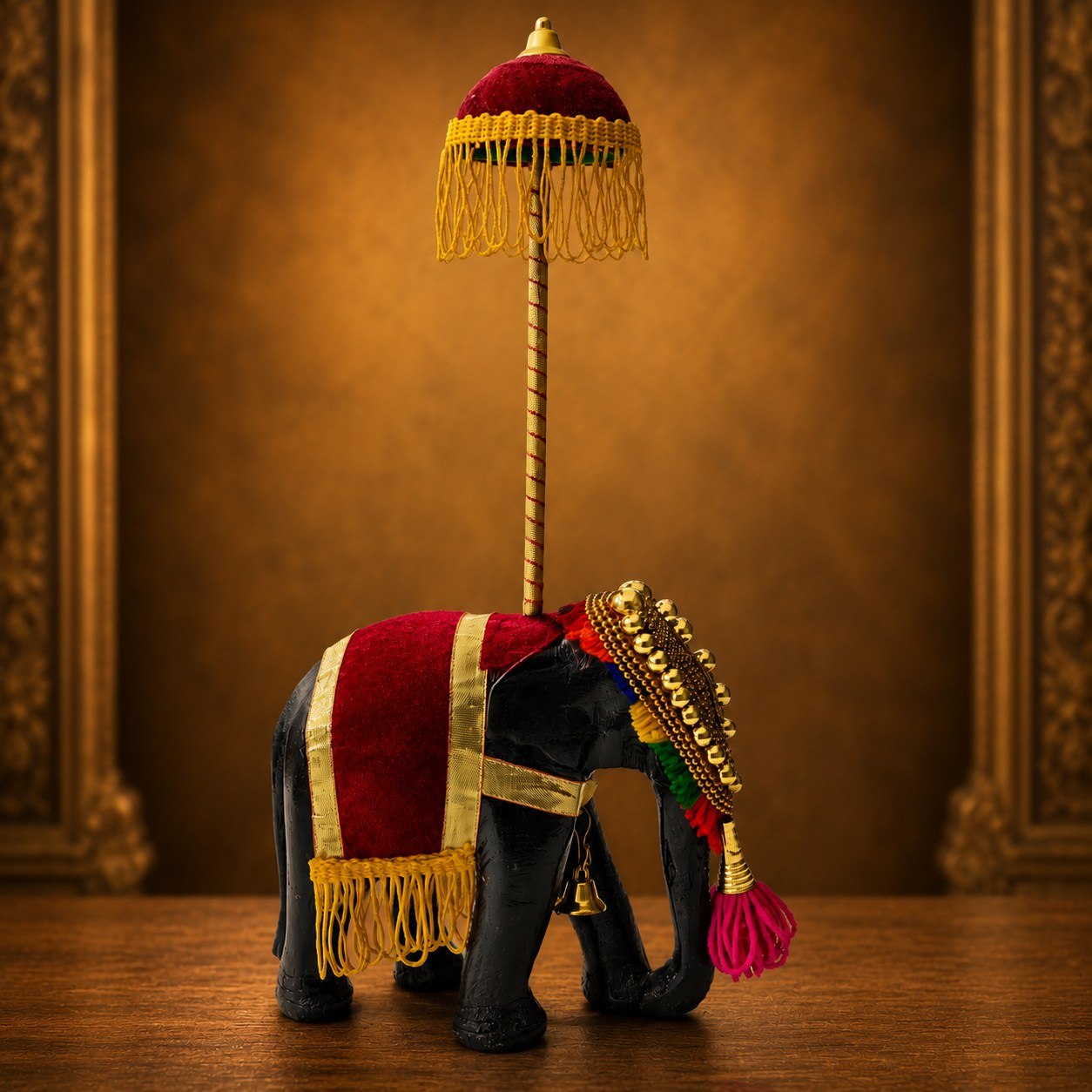 Decorative Wooden Kerala Temple Elephant with Traditional Nettipattam