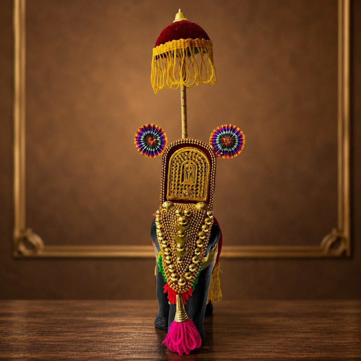 Decorative Wooden Kerala Temple Elephant with Traditional Nettipattam