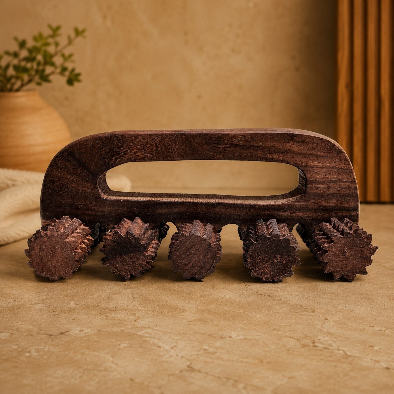 Handcrafted Wooden Body Massager with Textured Rollers