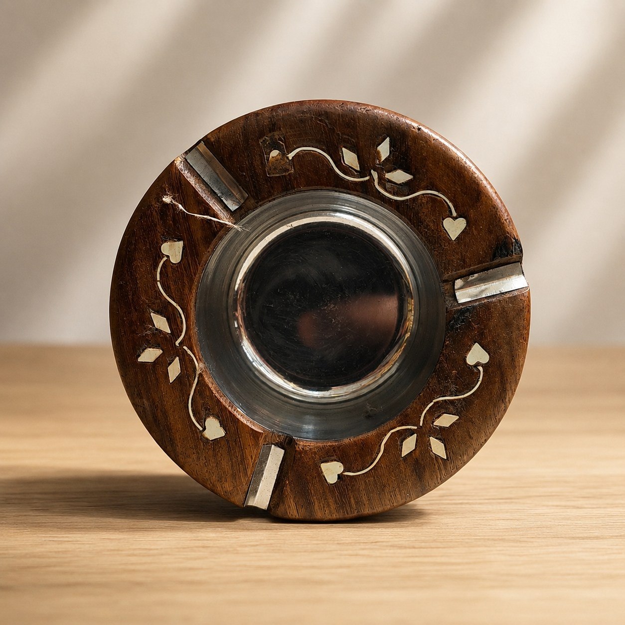 Round Wooden Ashtray with Stainless Steel Insert &amp; Brass Inlay