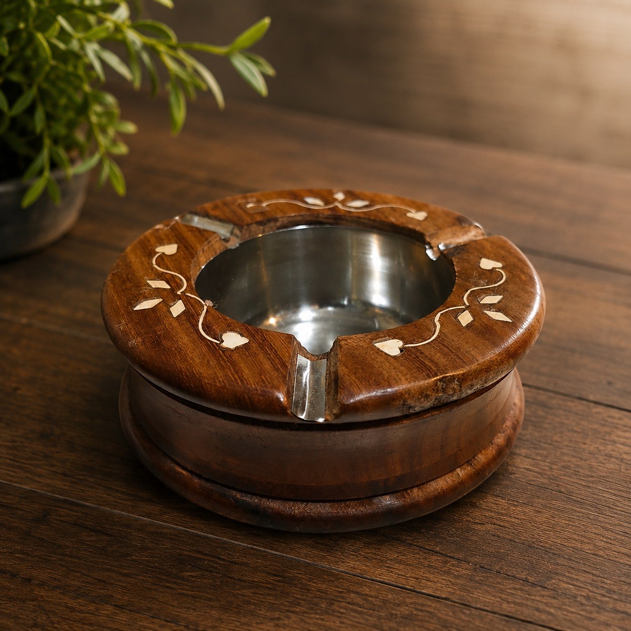 Round Wooden Ashtray with Stainless Steel Insert &amp; Brass Inlay