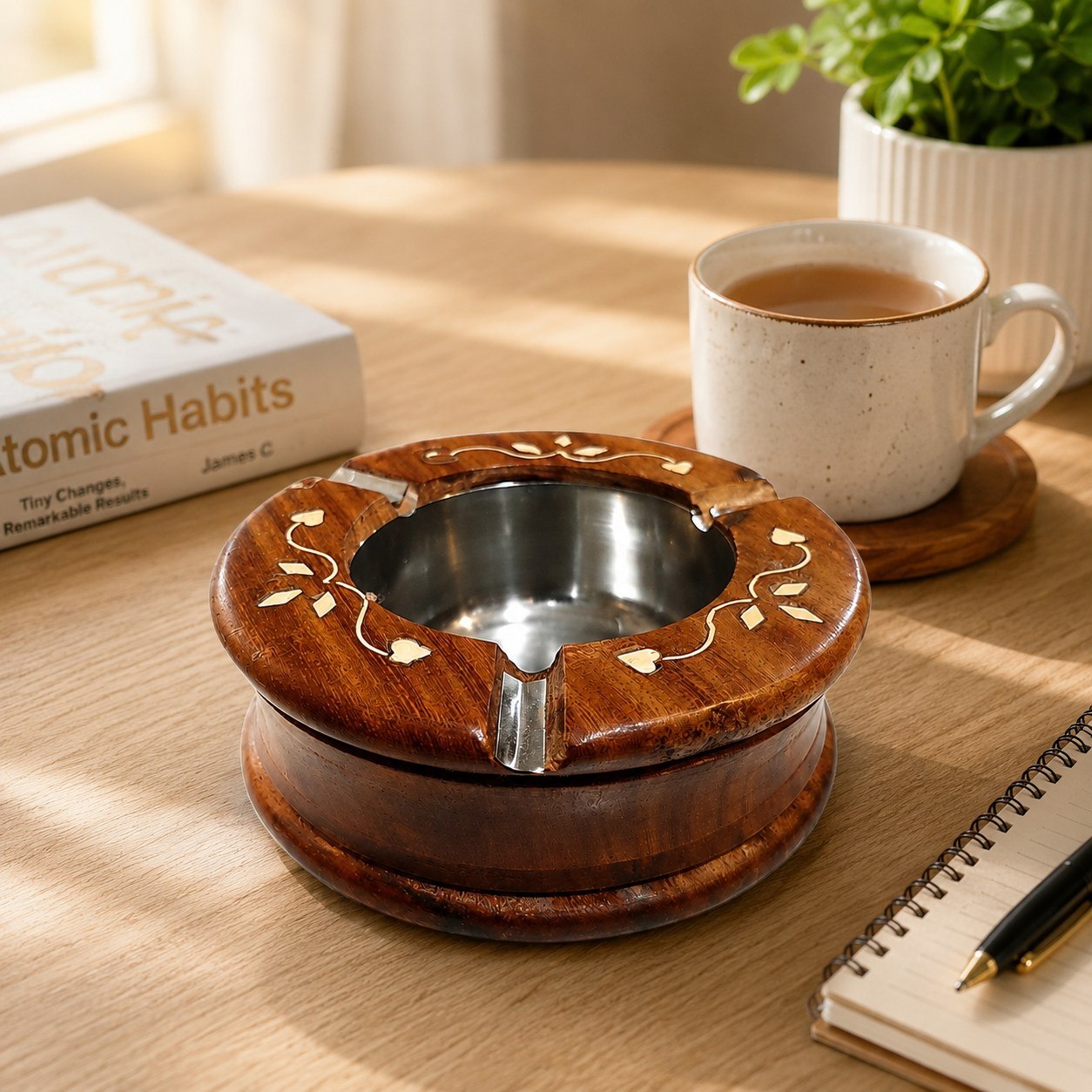 Round Wooden Ashtray with Stainless Steel Insert &amp; Brass Inlay
