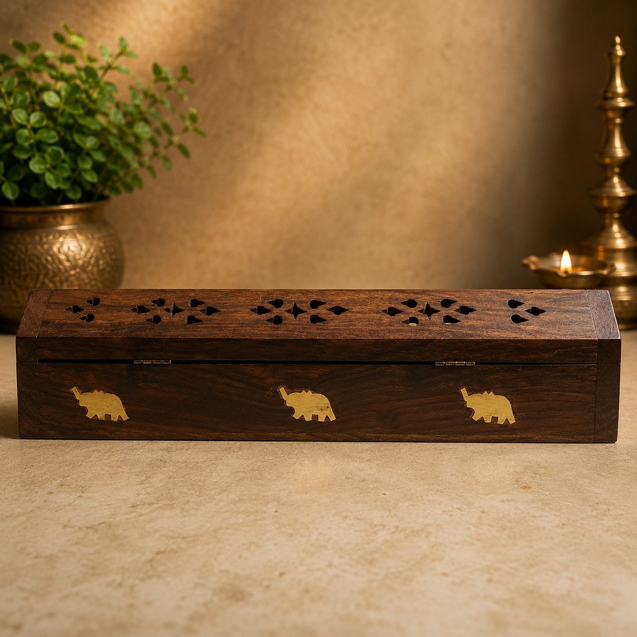 Handcrafted Sheesham Wood Incense Burner with Brass Elephant Inlay
