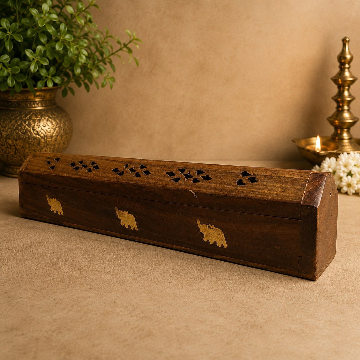 Handcrafted Sheesham Wood Incense Burner with Brass Elephant Inlay