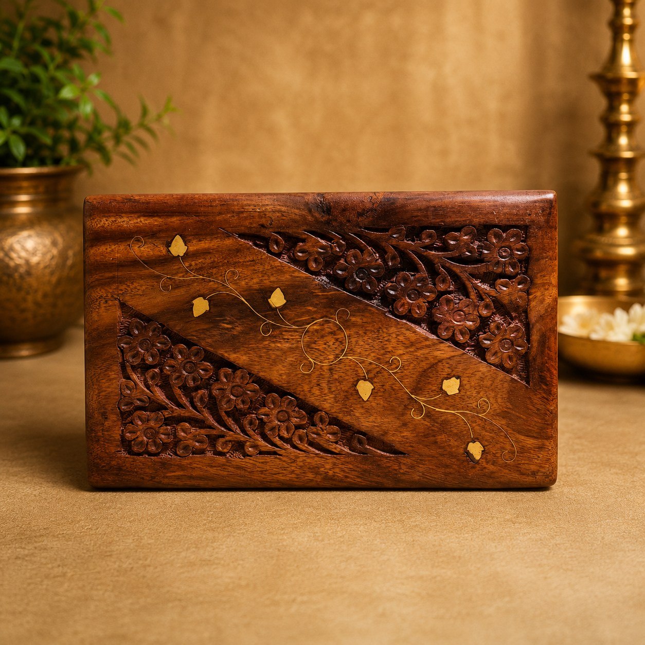 Handcrafted Wooden Keepsake Box with Floral Carvings &amp; Brass Inlay