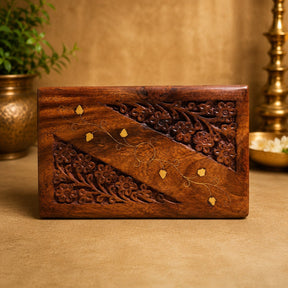 Handcrafted Wooden Keepsake Box with Floral Carvings &amp; Brass Inlay