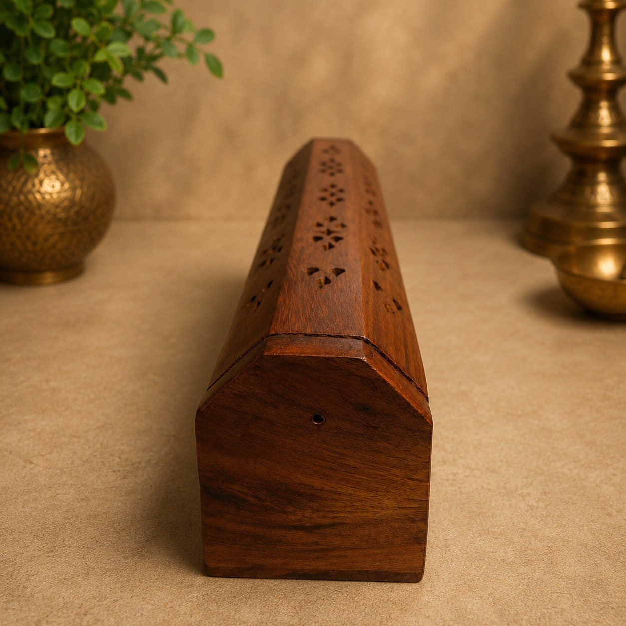 Handcrafted Sheesham Wood Incense Burner with Brass Elephant Inlay
