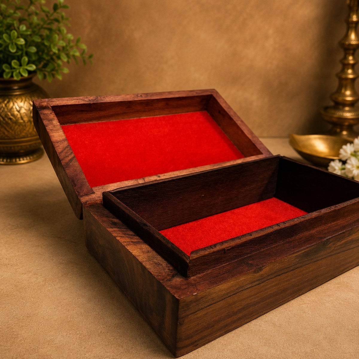 Handcrafted Wooden Keepsake Box with Floral Carvings &amp; Brass Inlay