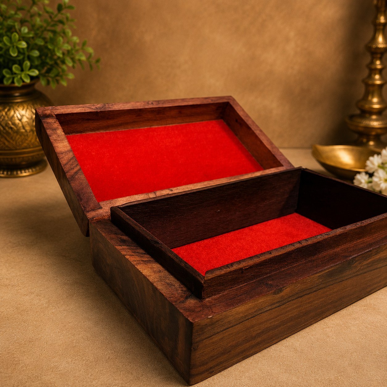 Handcrafted Wooden Keepsake Box with Floral Carvings &amp; Brass Inlay
