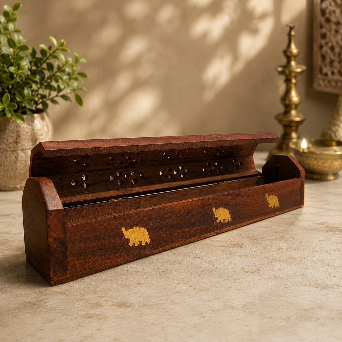 Handcrafted Sheesham Wood Incense Burner with Brass Elephant Inlay