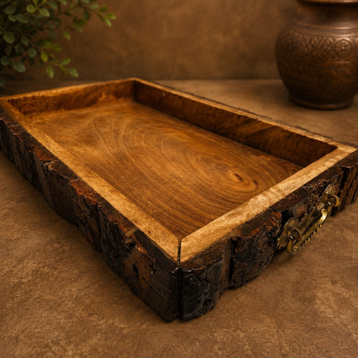 Natural Mango Wood Tray with Rustic Bark Edge &amp; Golden Brass Handle