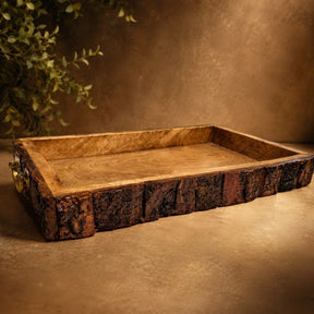 Natural Mango Wood Tray with Rustic Bark Edge &amp; Golden Brass Handle