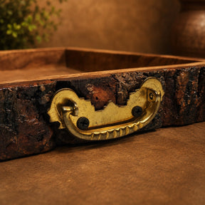 Natural Mango Wood Tray with Rustic Bark Edge &amp; Golden Brass Handle