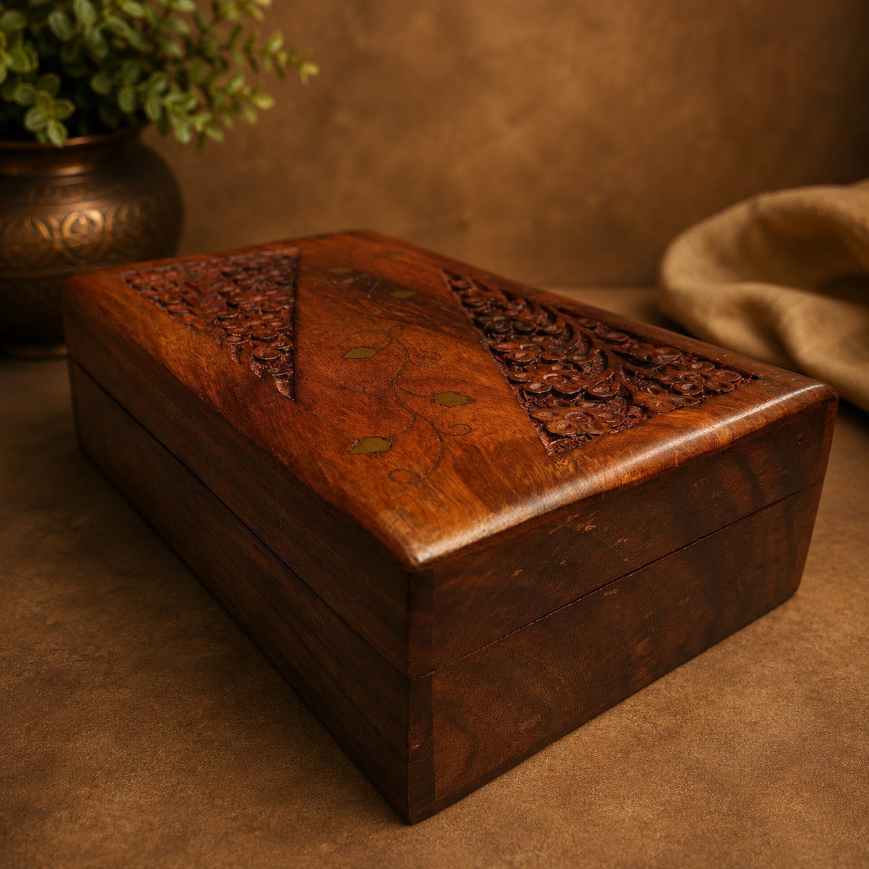 Handcrafted Wooden Keepsake Box with Floral Carvings &amp; Brass Inlay