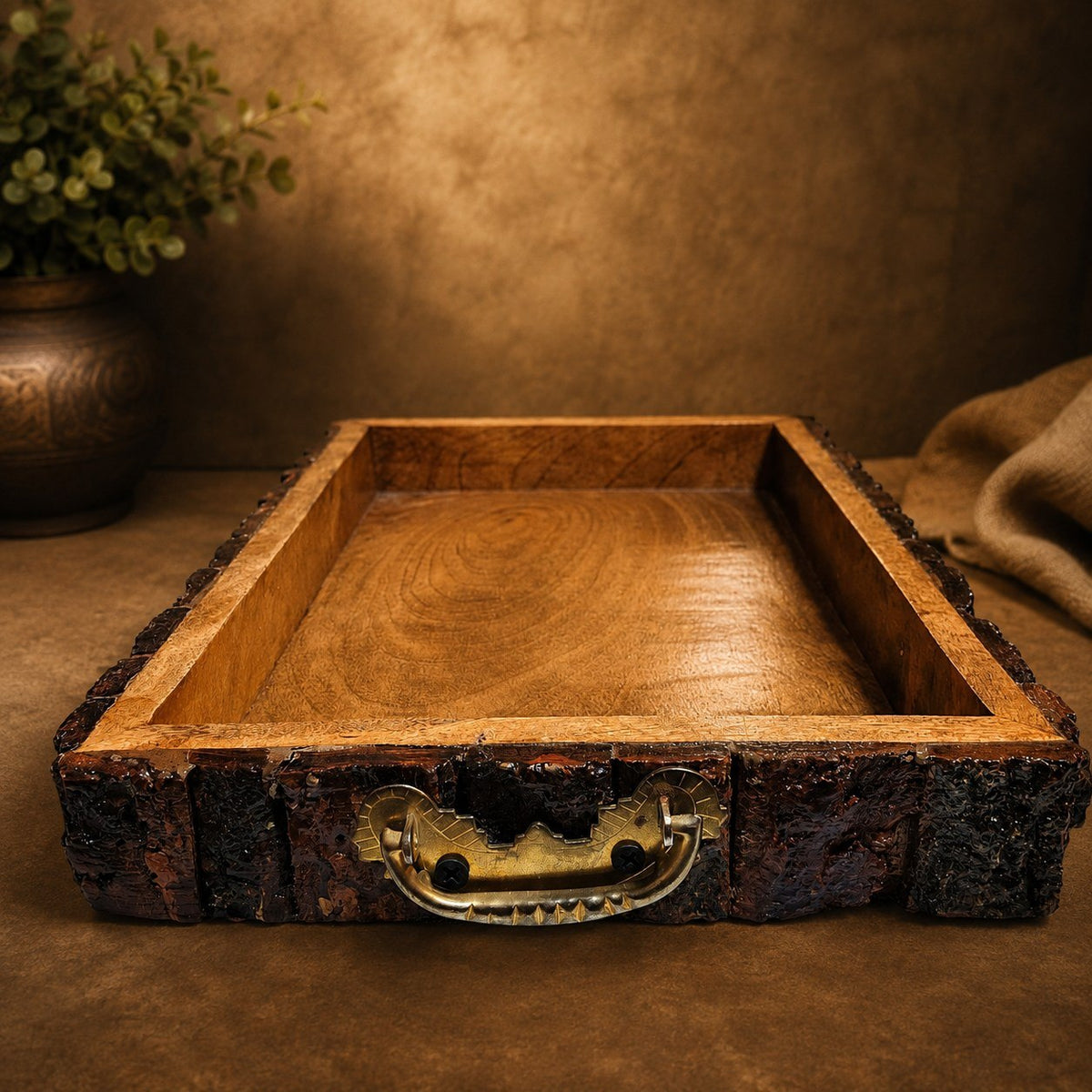 Natural Mango Wood Tray with Rustic Bark Edge &amp; Golden Brass Handle