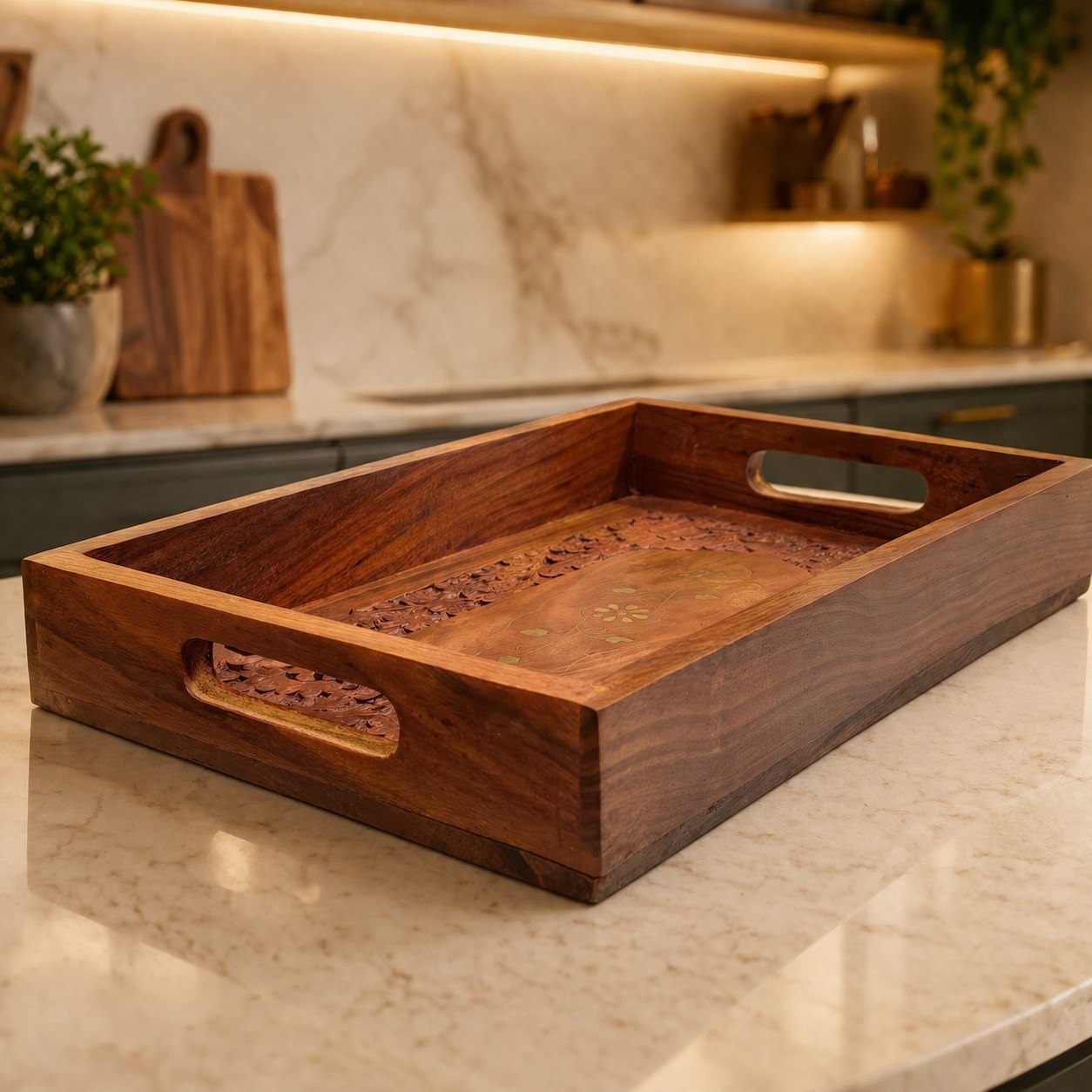 Handcrafted Sheesham Wood Serving Tray with Floral Carvings