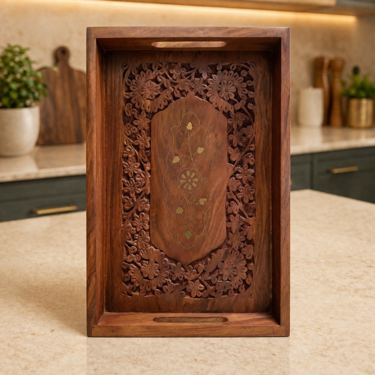 Handcrafted Sheesham Wood Serving Tray with Floral Carvings