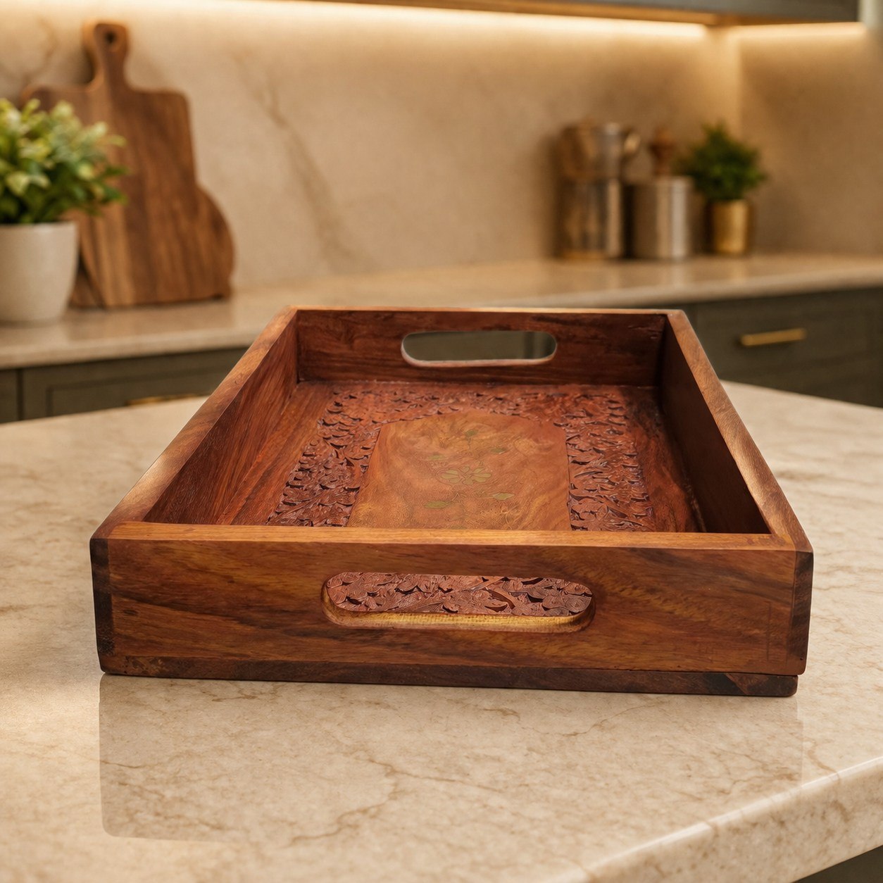 Handcrafted Sheesham Wood Serving Tray with Floral Carvings