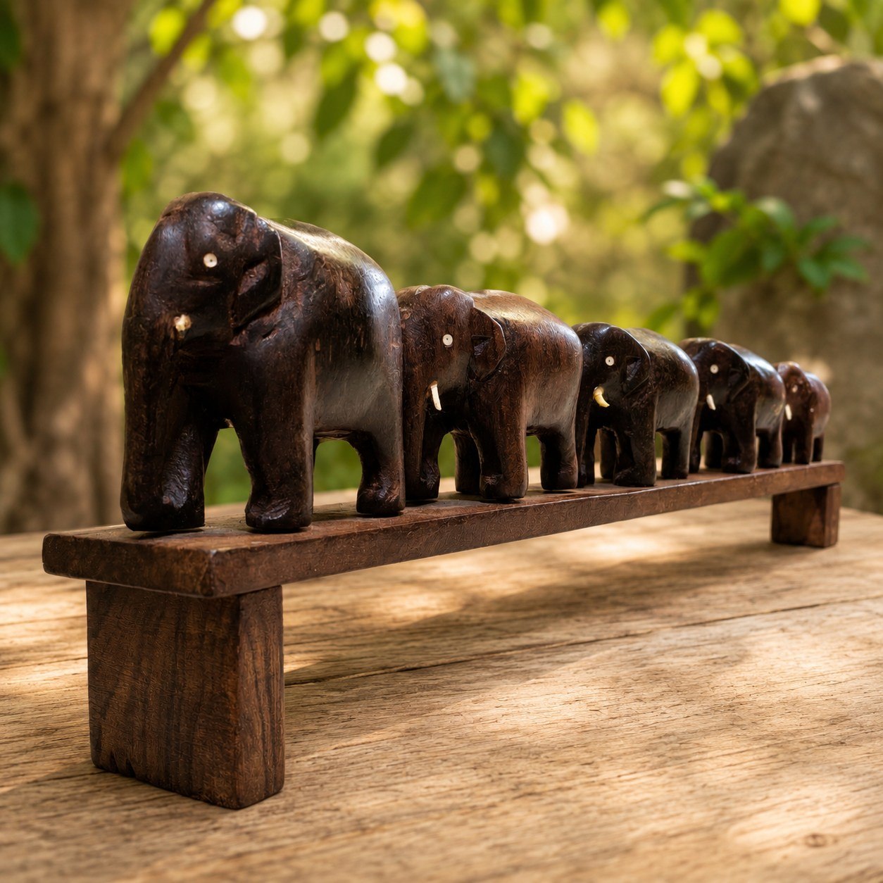 Handcrafted Wooden Elephant Family Bridge Sculpture