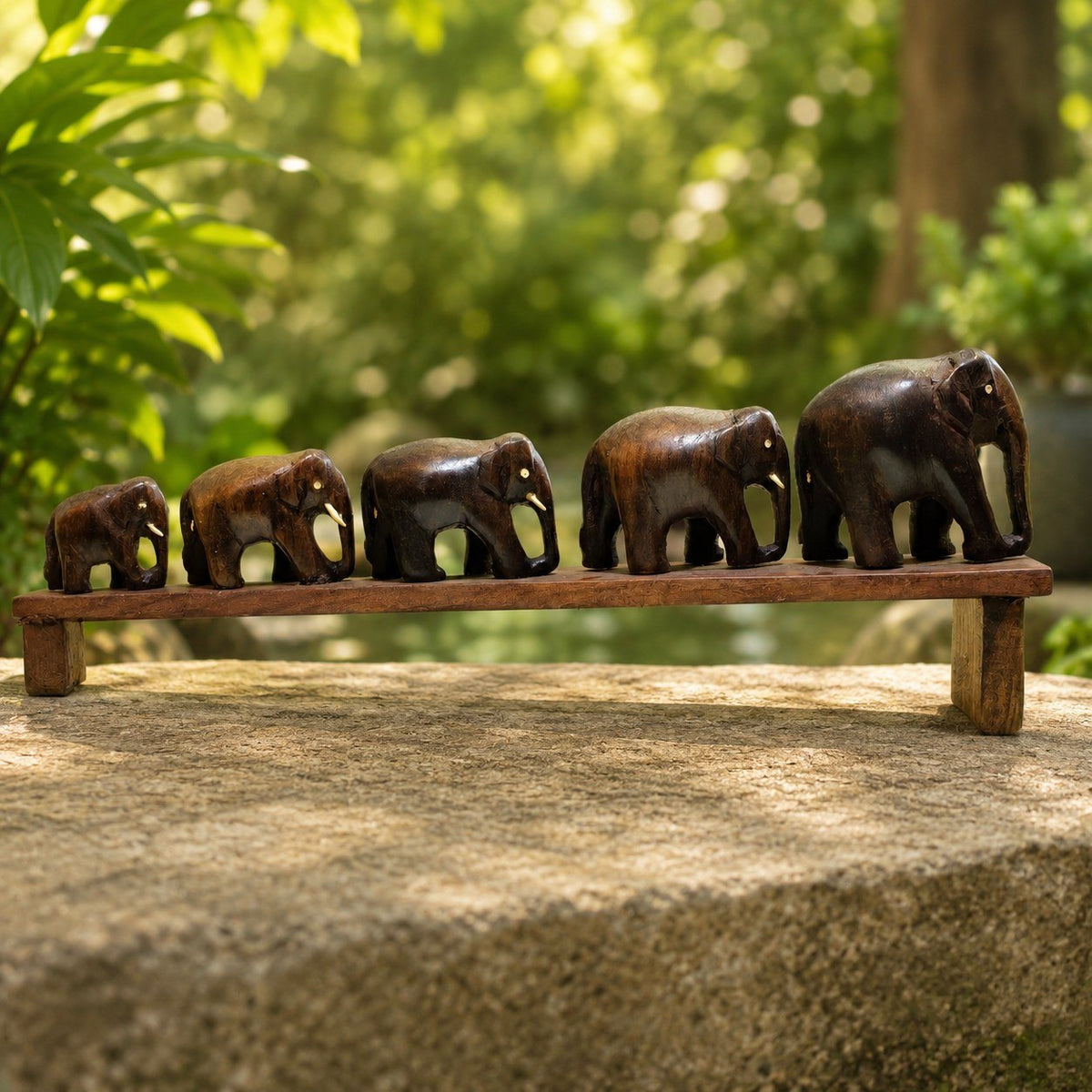 Handcrafted Wooden Elephant Family Bridge Sculpture