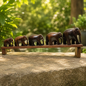 Handcrafted Wooden Elephant Family Bridge Sculpture