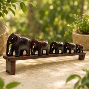 Handcrafted Wooden Elephant Family Bridge Sculpture