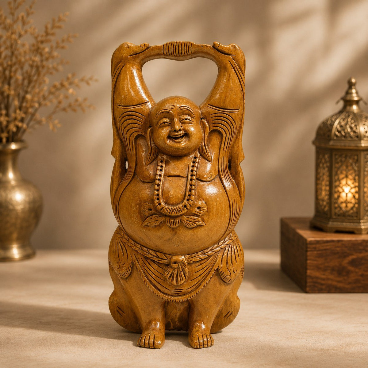 Handcrafted Wooden Laughing Buddha Sculpture