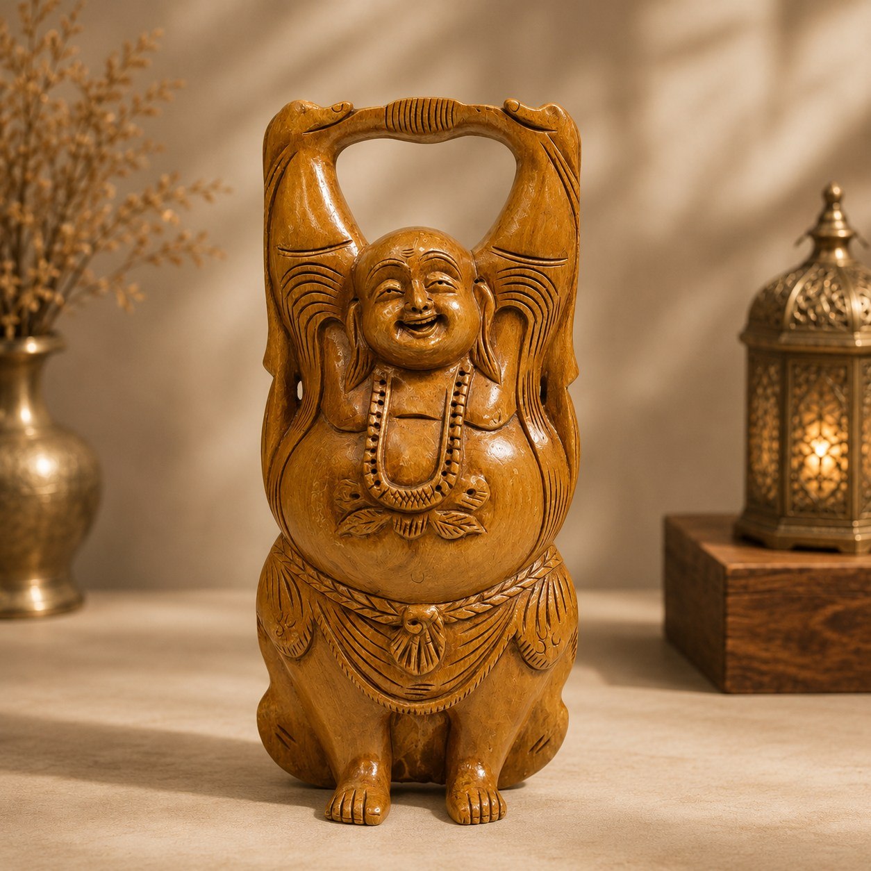 Handcrafted Wooden Laughing Buddha Sculpture