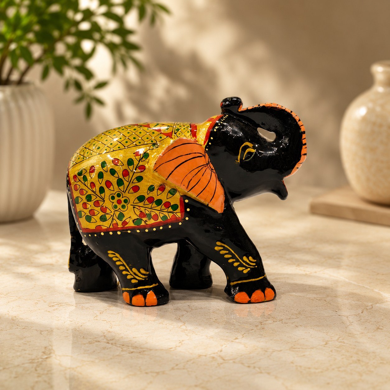 Handcrafted Marble Elephant Figurine with Traditional Hand-Painted Art