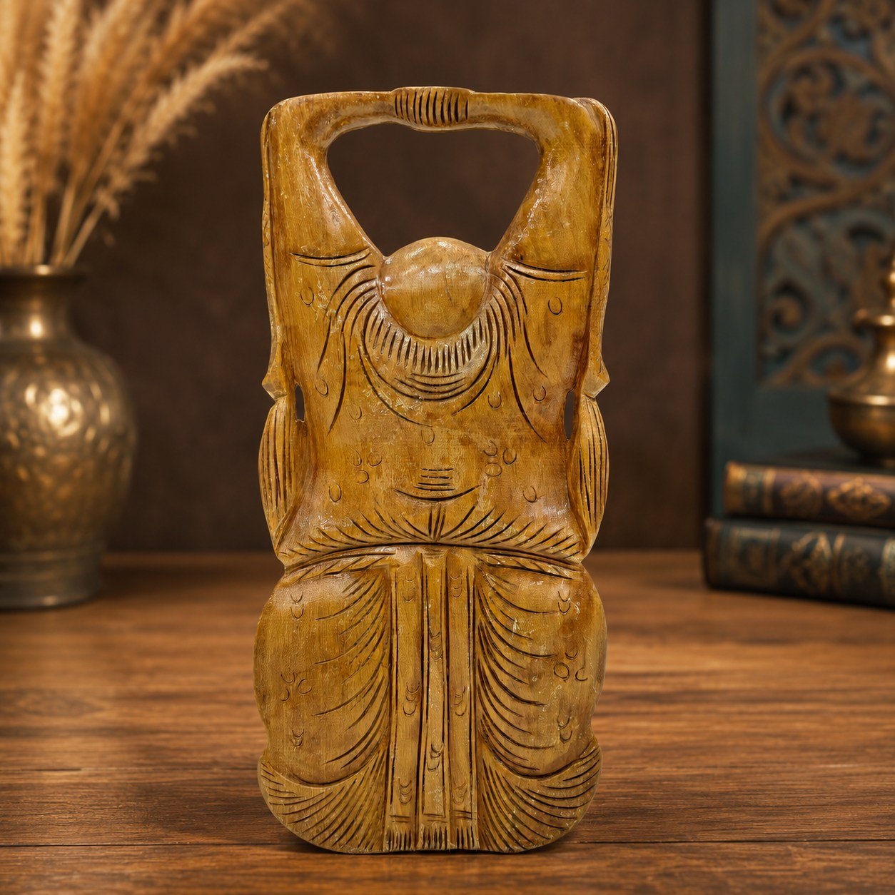 Handcrafted Wooden Laughing Buddha Sculpture