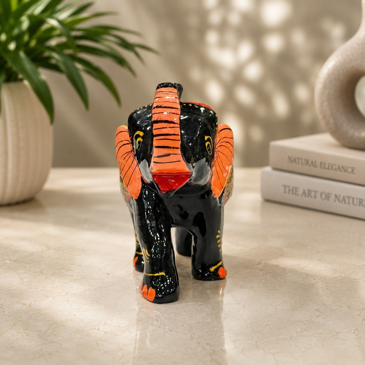 Handcrafted Marble Elephant Figurine with Traditional Hand-Painted Art