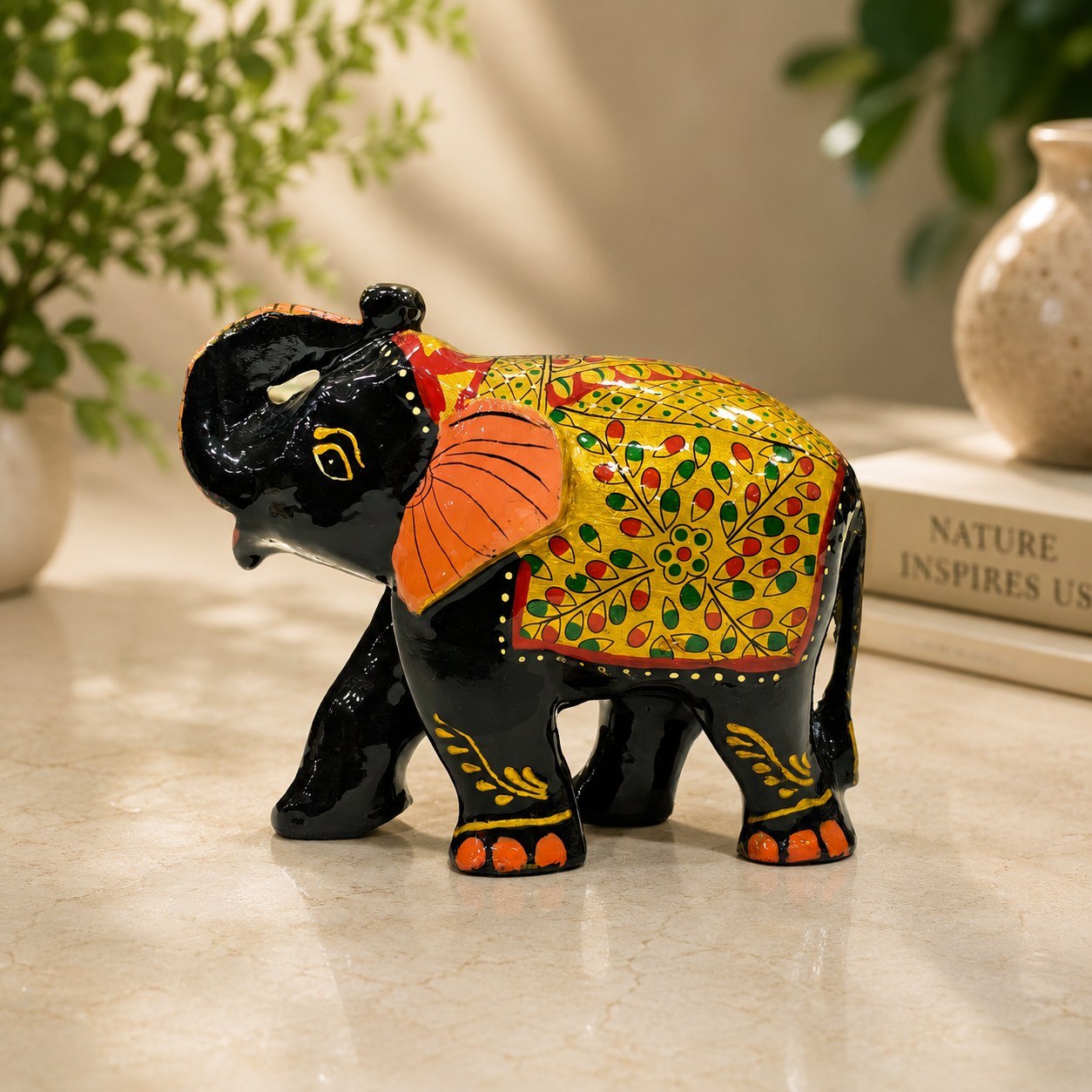 Handcrafted Marble Elephant Figurine with Traditional Hand-Painted Art