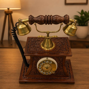 Handcrafted Vintage-Style Wooden Rotary Dial Telephone Showpiece