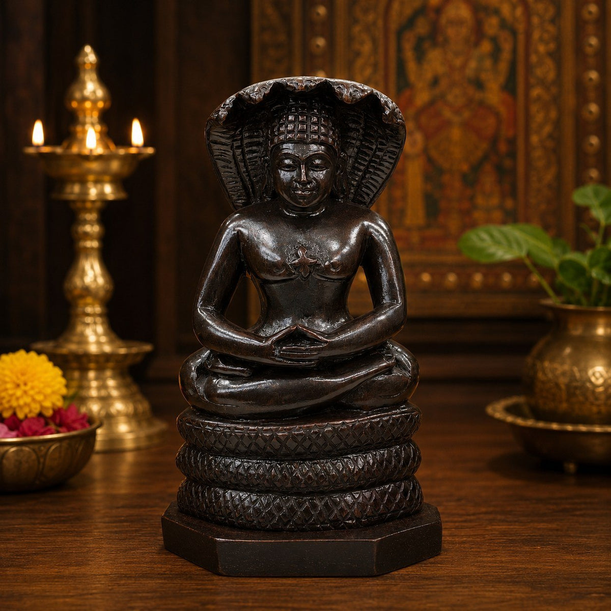 Bronze-Finished Meditating Sage with Serpent Canopy