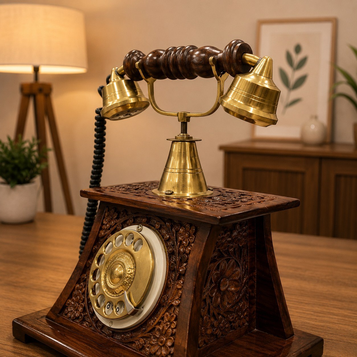 Handcrafted Vintage-Style Wooden Rotary Dial Telephone Showpiece
