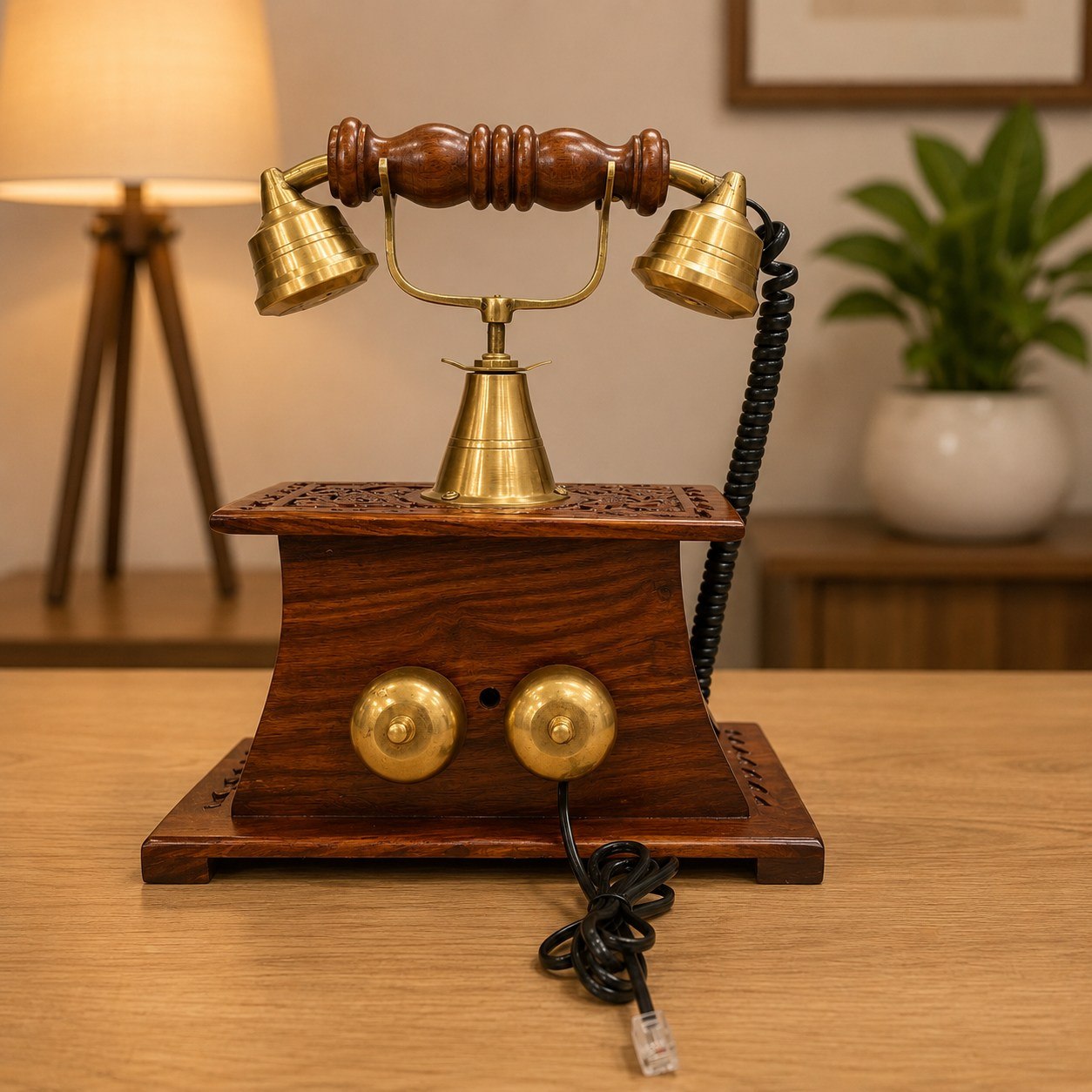 Handcrafted Vintage-Style Wooden Rotary Dial Telephone Showpiece