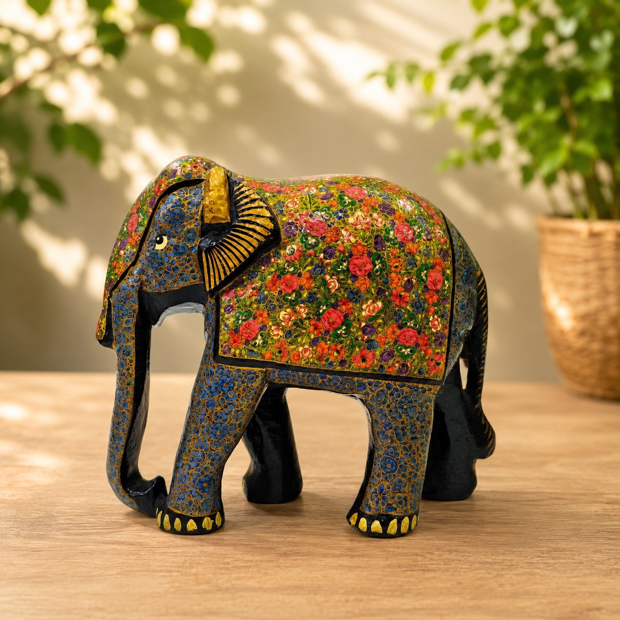 Royal Greeting Hand-Painted Floral Elephant Papier Mâché Sculpture