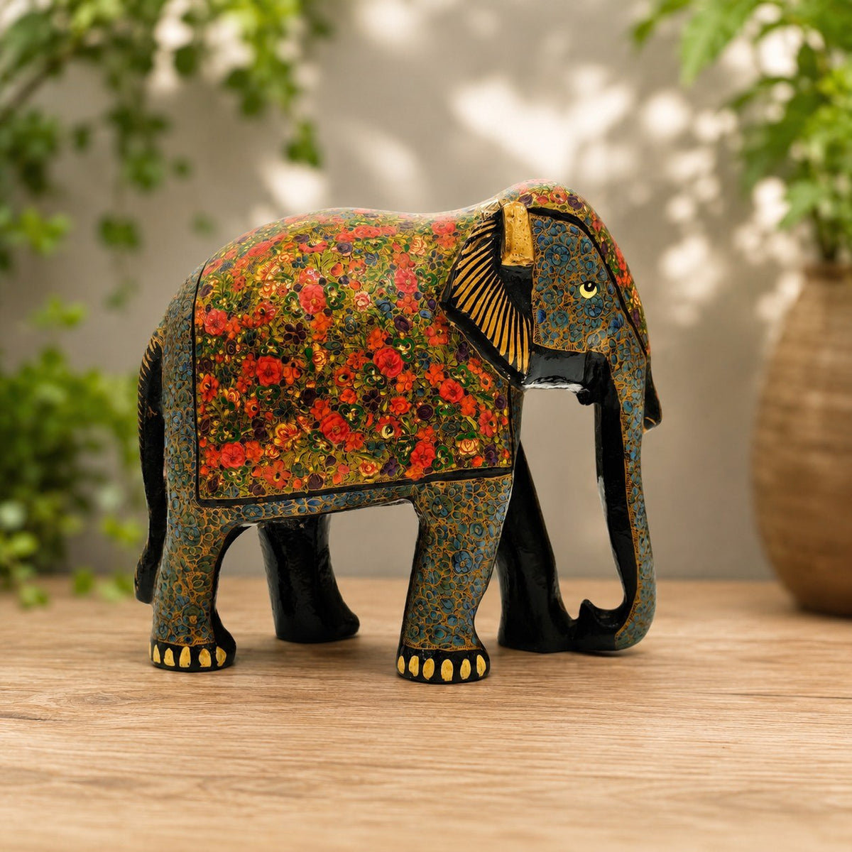 Royal Greeting Hand-Painted Floral Elephant Papier Mâché Sculpture