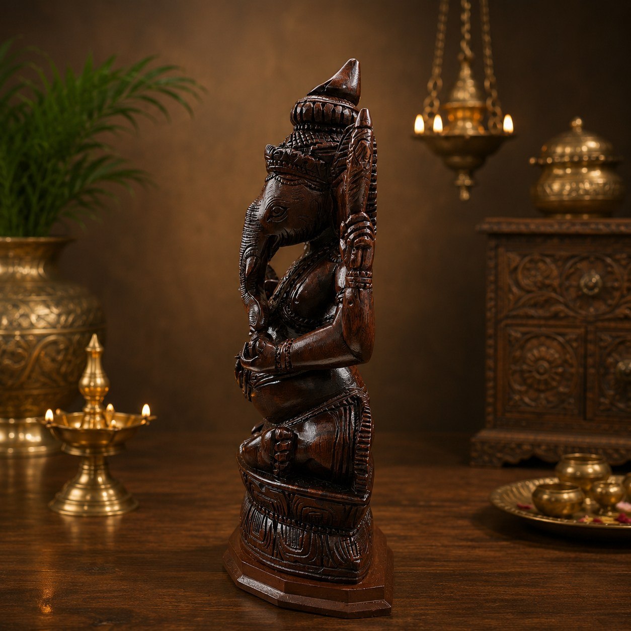 Hand-Carved Dark Wood Ganesha Statue